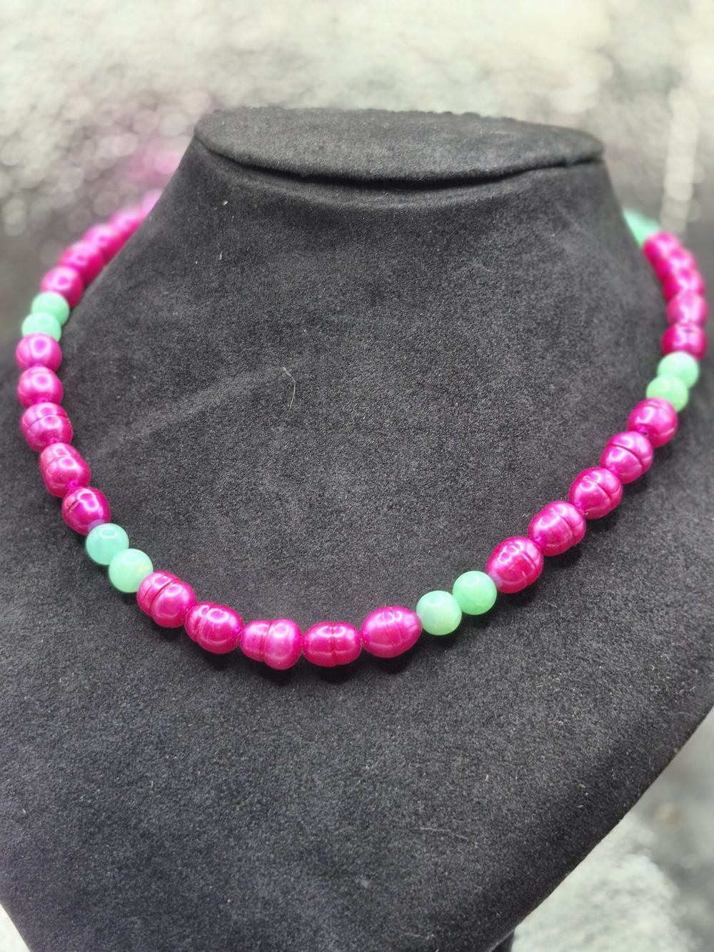 Genuine Amazonite And Pink Freshwater Pearl Necklace